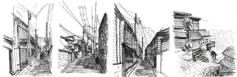 Read more about the article Suojattu: Kulkien ja pysähtyen – piirroksia japanilaisista kaduista